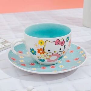 Hello Kitty Aqua Teacup & Saucer with Pink Floral Accents